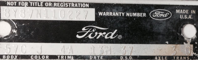 1968 1969 Thunderbird VIN data plate